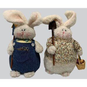 Pair Of Plush Garden Bunny Figurines Weighted Bottoms Easter Spring Farmer 10 "